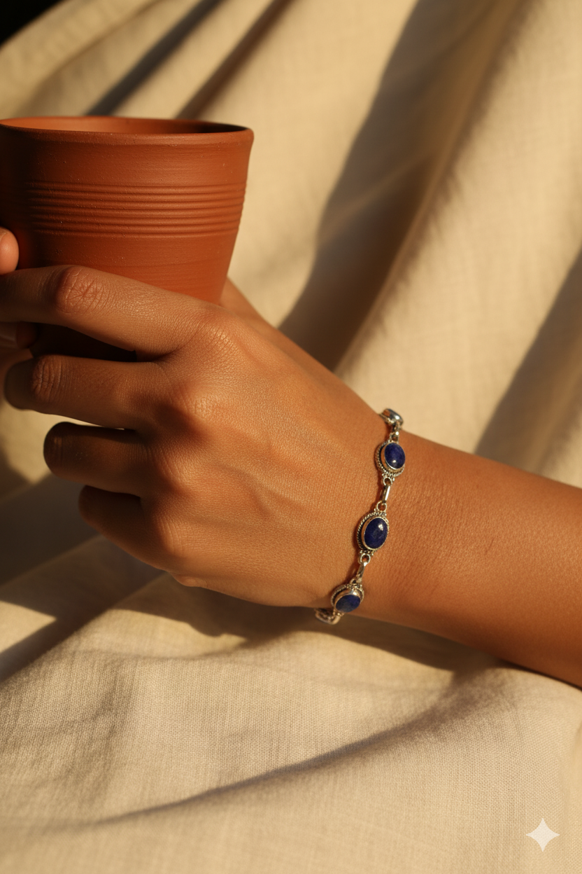 Midnight Sky Bracelet: Handcrafted Lapis Lazuli & 925 Sterling Silver Bracelet